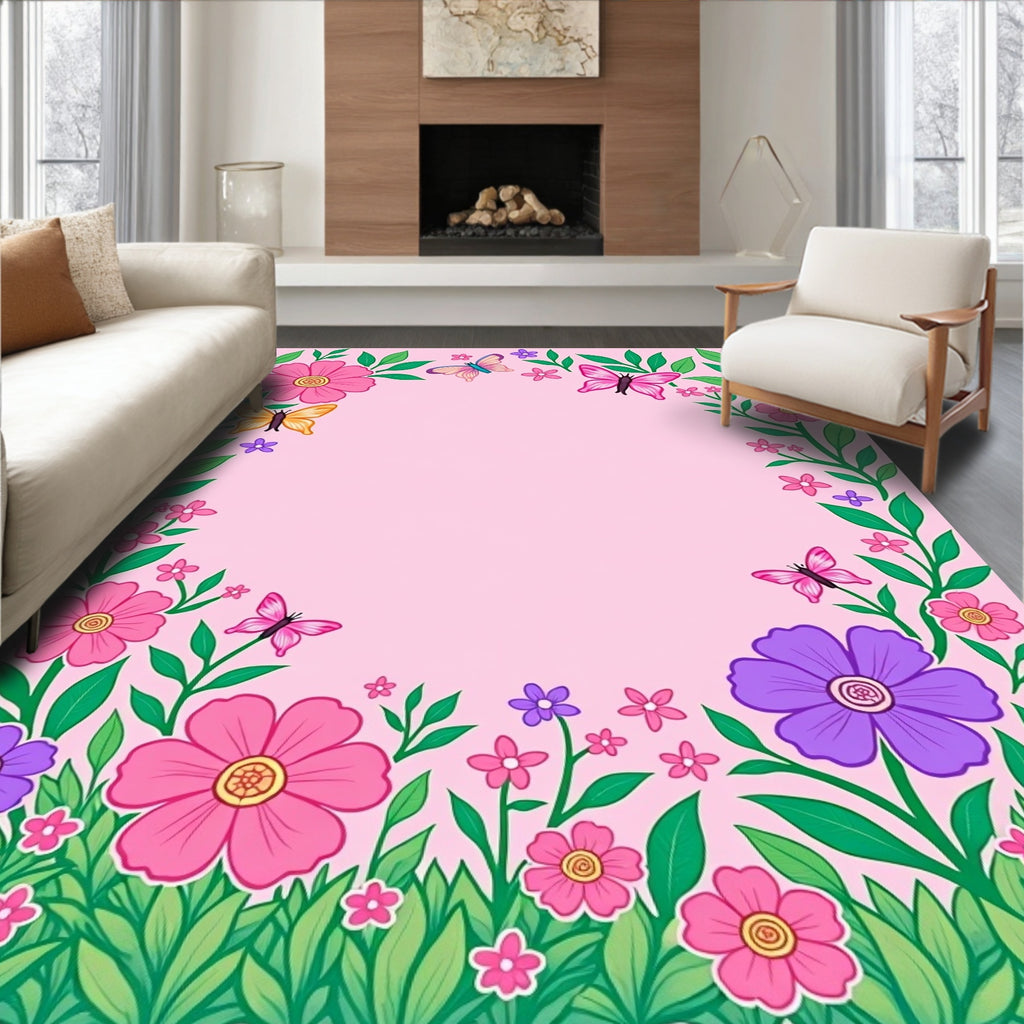 Pink Floral Garden Butterflies Rug