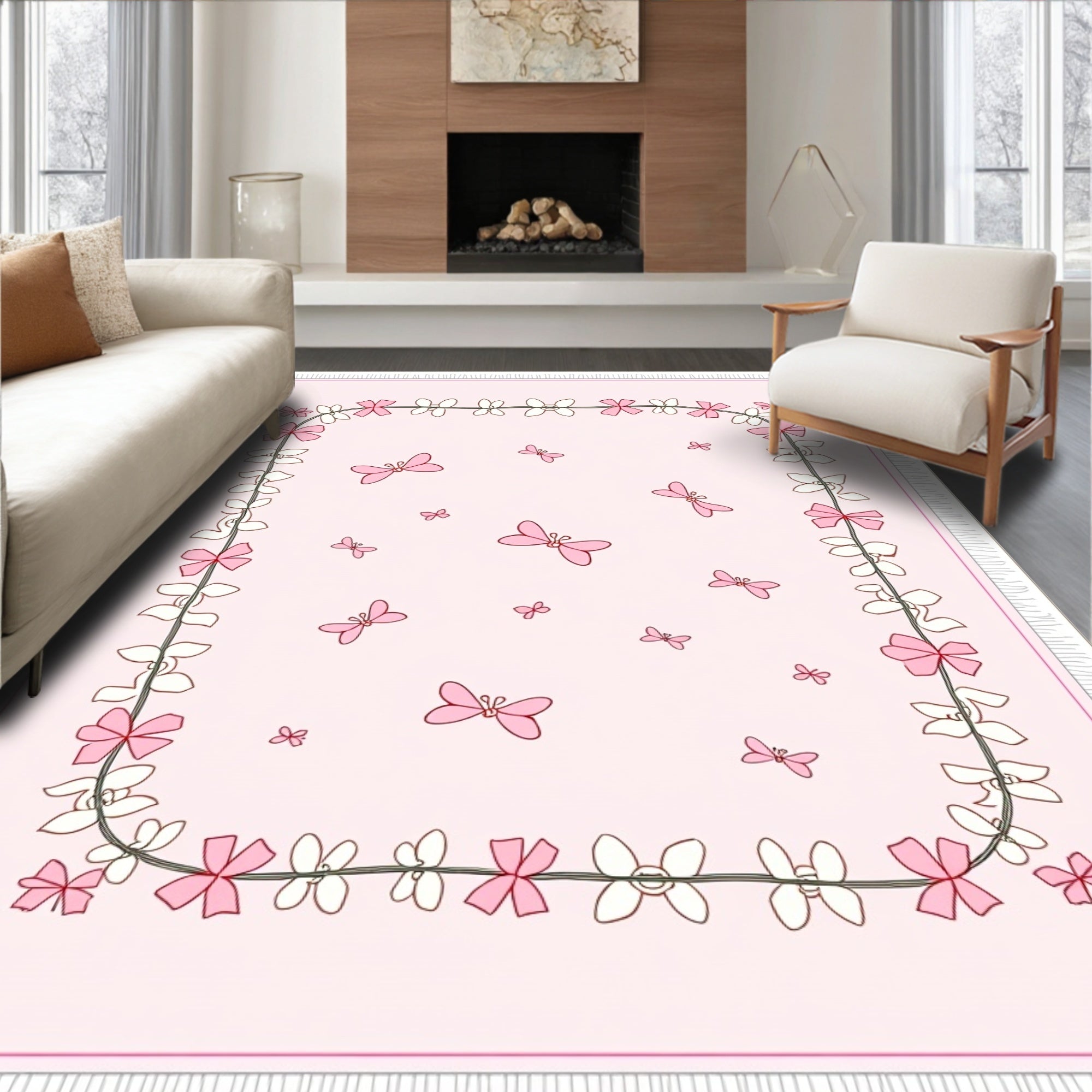 Pink Butterfly and Flower Garland Rug