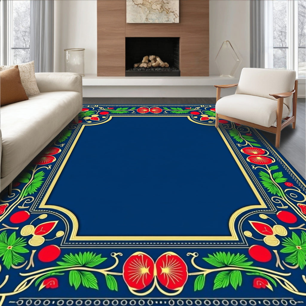 Ornate Blue Red Floral Border Rug