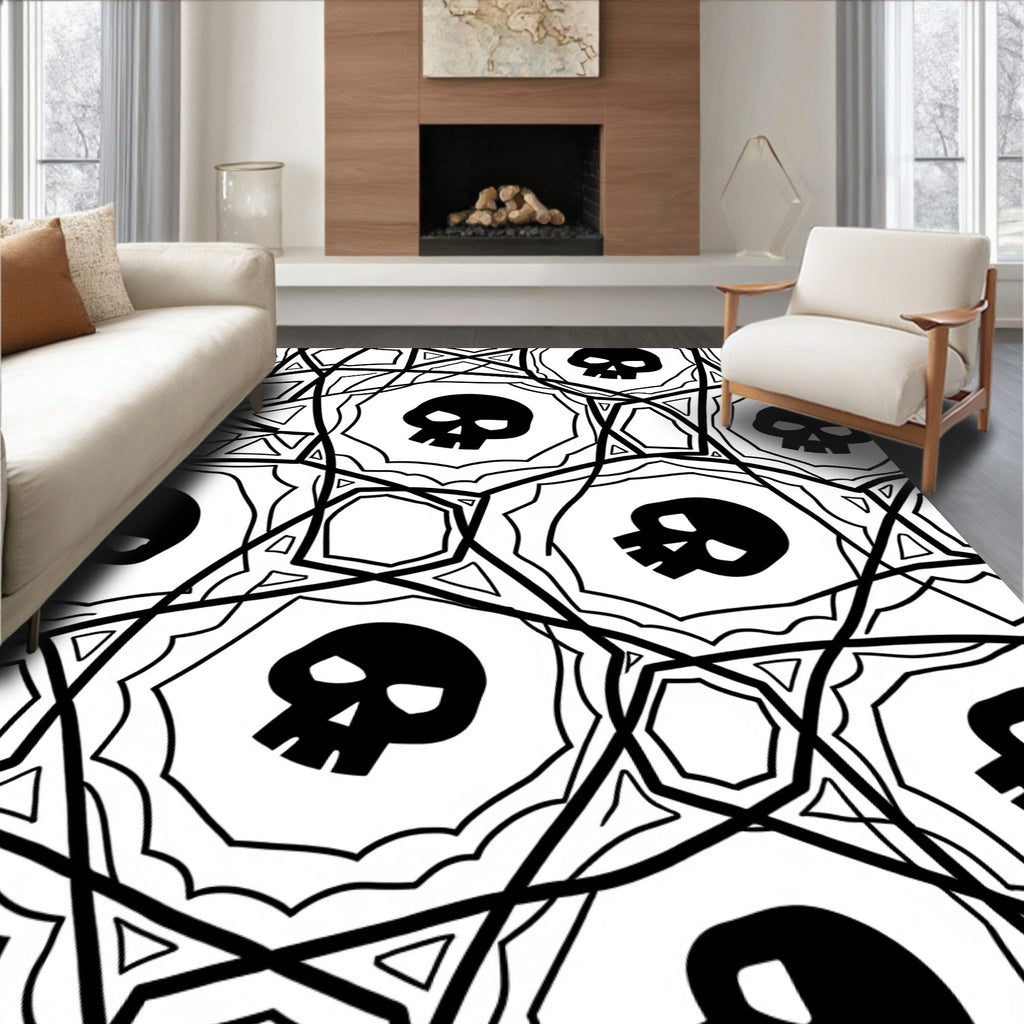 Black White Skull Geometric Mandala Rug
