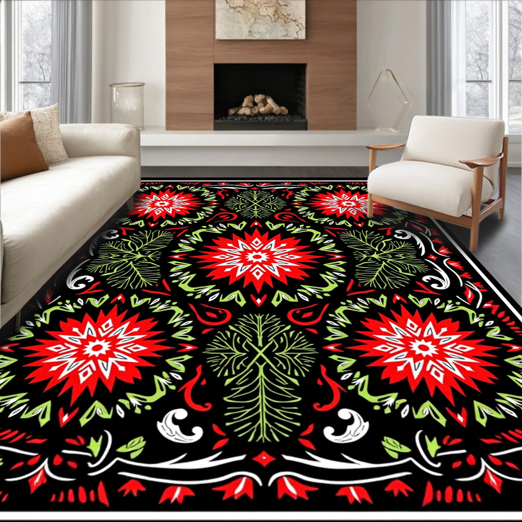 Bold Red Green Starburst Medallion Rug