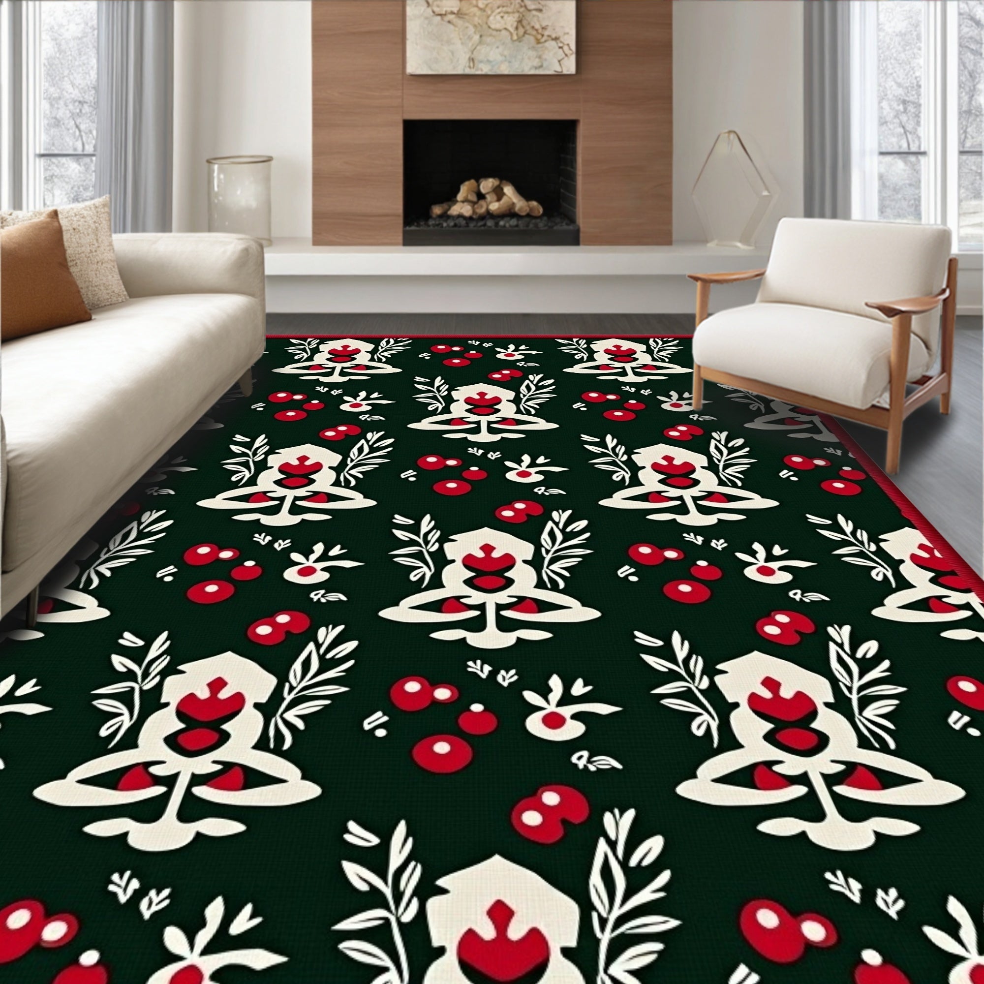 Deep Forest Red Blossom Folk Art Rug