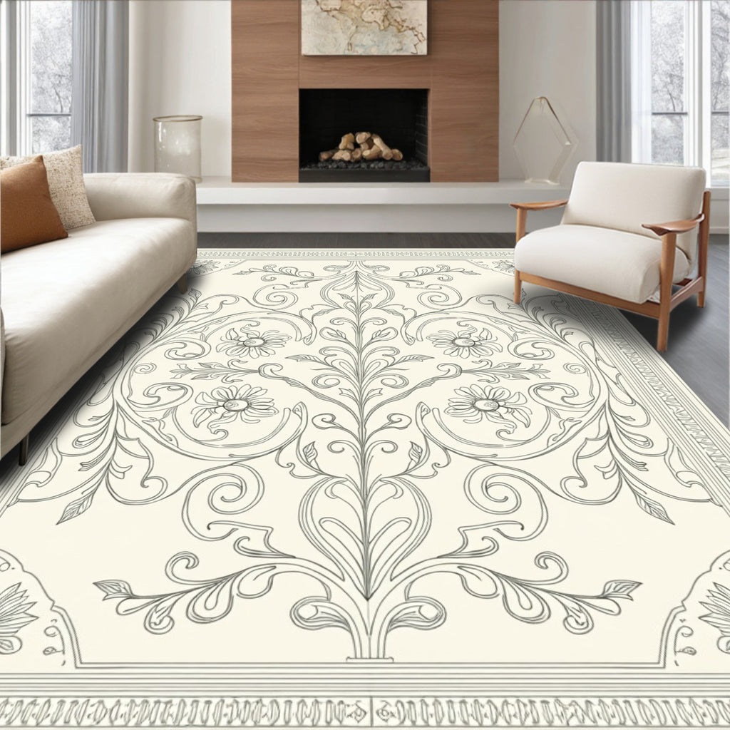 Cream Floral Vine Scroll Rug