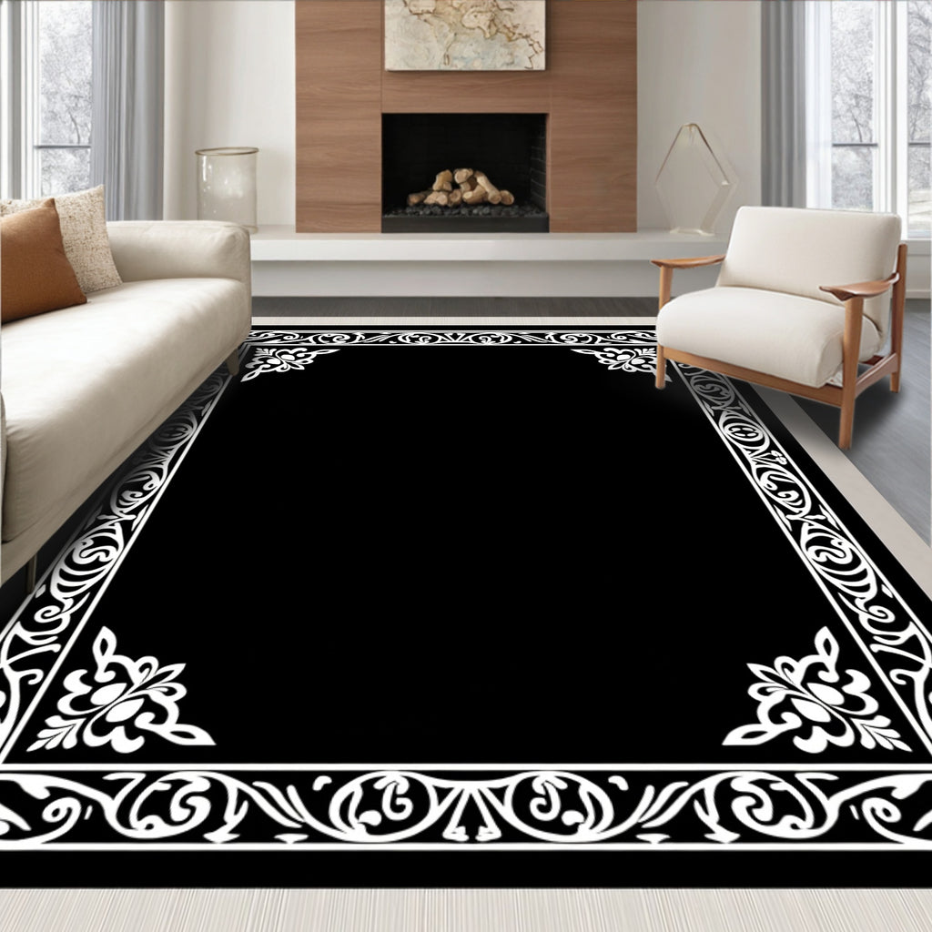 Black White Ornate Scrollwork Border Rug