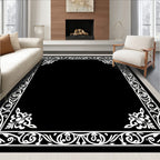 Black White Ornate Scrollwork Border Rug