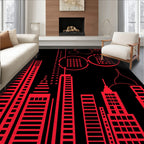Red Cityscape Geometric Skyscrapers Rug