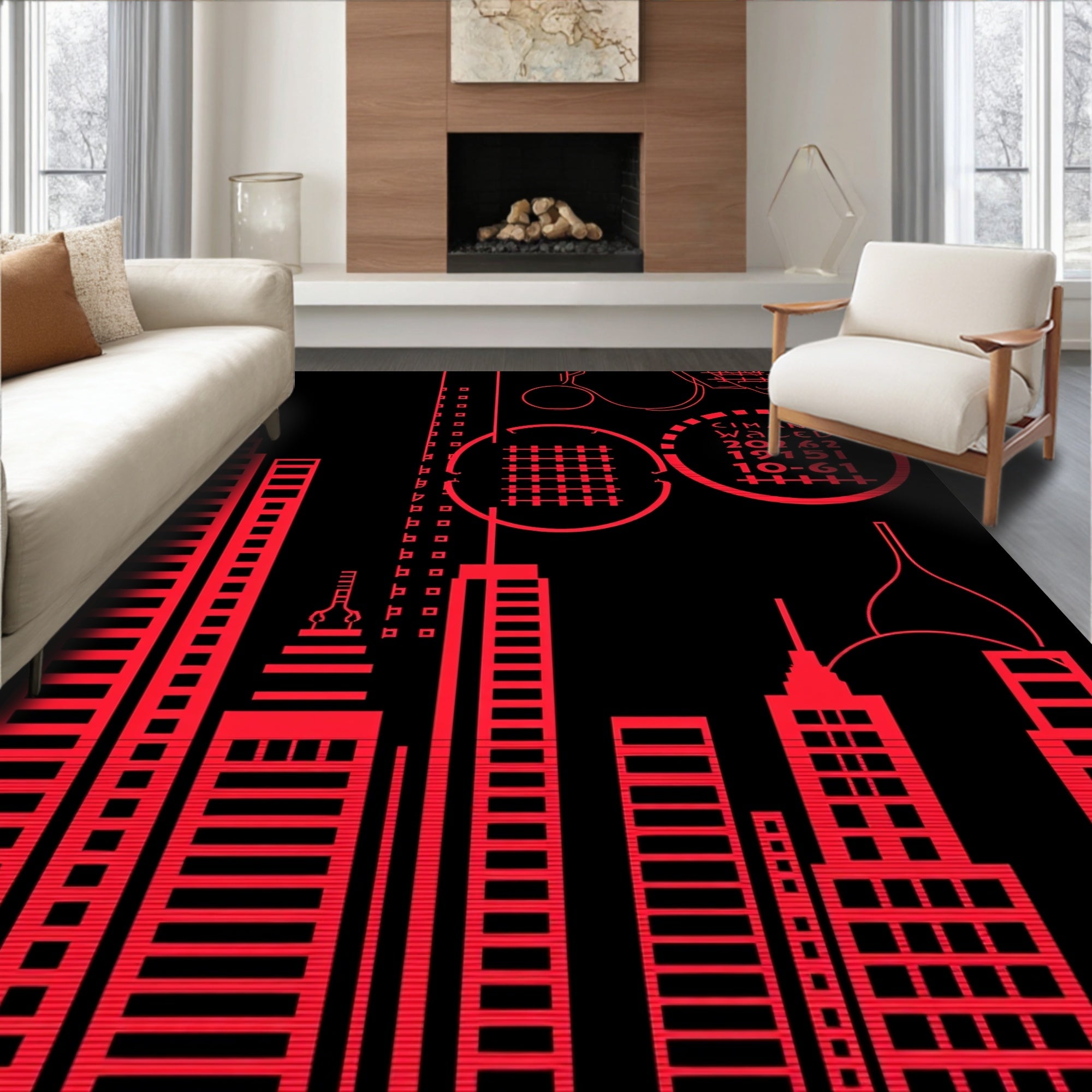 Red Cityscape Geometric Skyscrapers Rug
