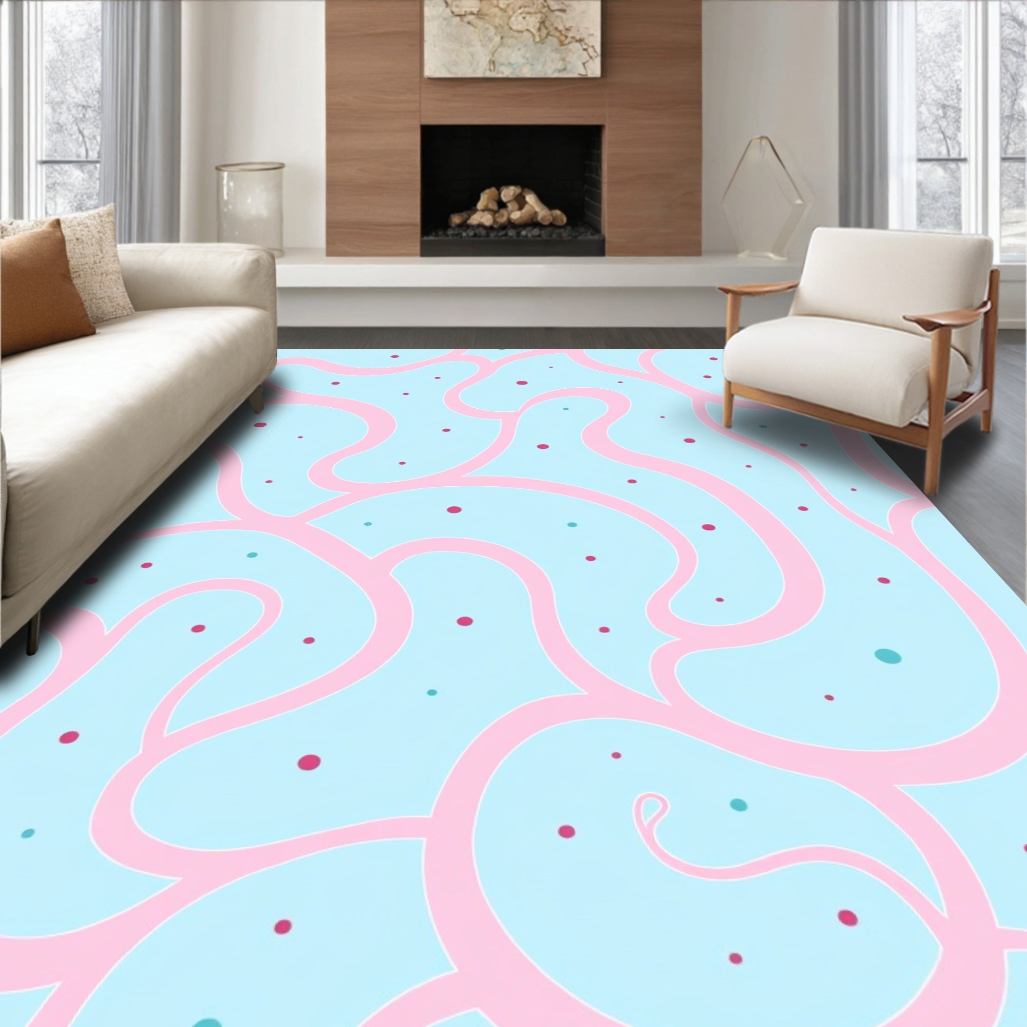 Pastel Pink Swirl Sky Dots Rug
