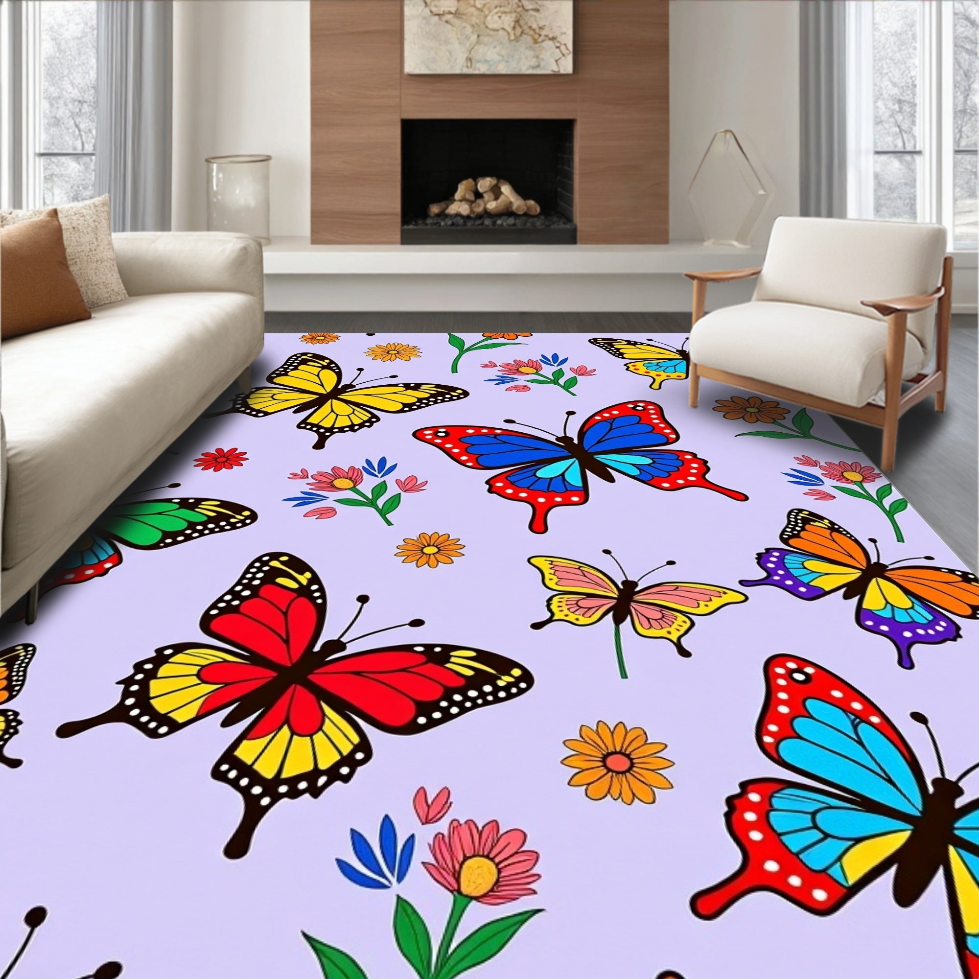 Vibrant Butterfly Garden Whimsical Rug