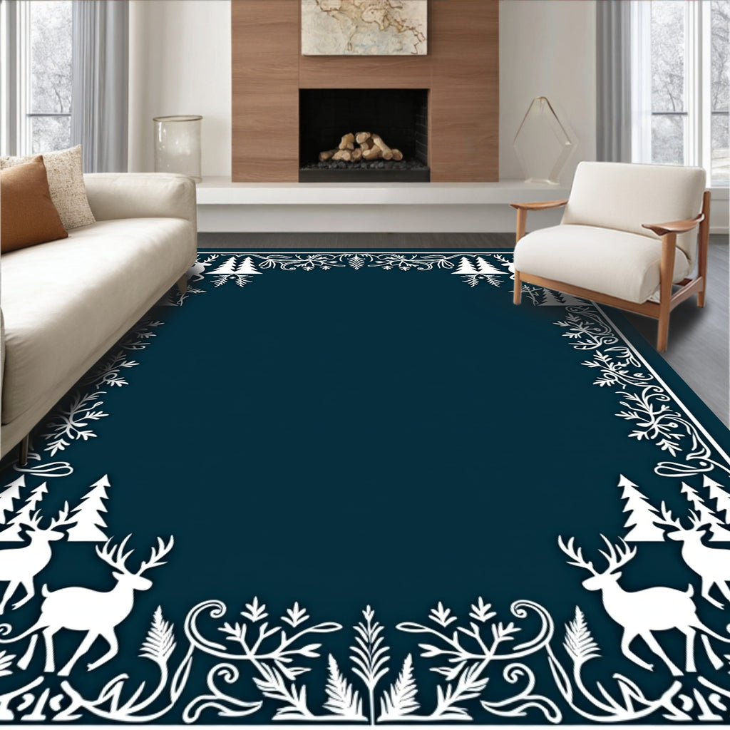 White Deer Forest Winter Frame Rug