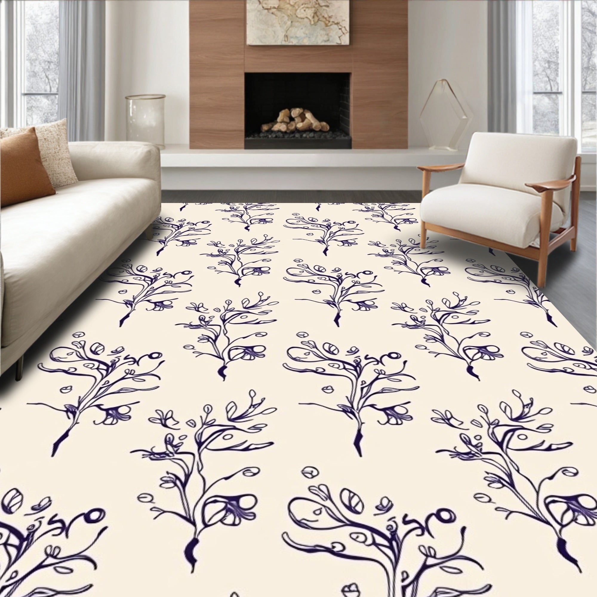 Deep Indigo Folk Floral Branches Rug