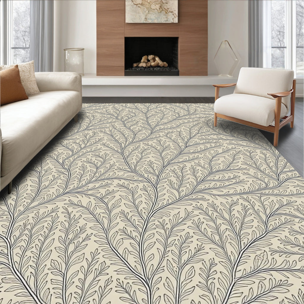 Neutral Beige Organic Branching Vines Rug