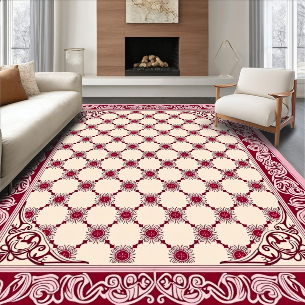 Crimson Floral Lattice Border Rug