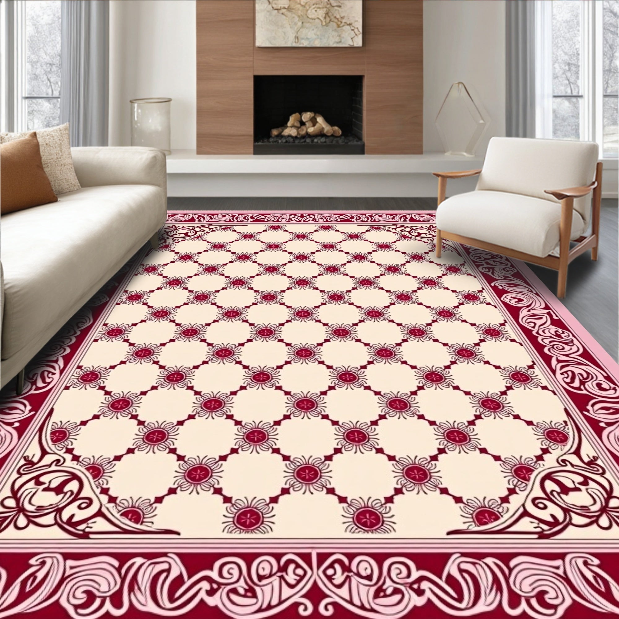 Crimson Floral Lattice Border Rug