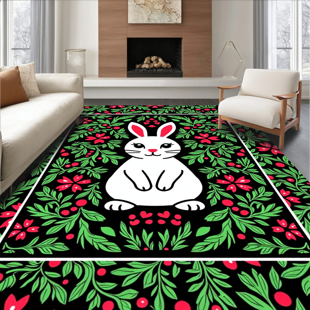 Whimsical White Bunny Red Floral Border Rug