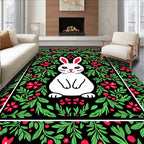 Whimsical White Bunny Red Floral Border Rug