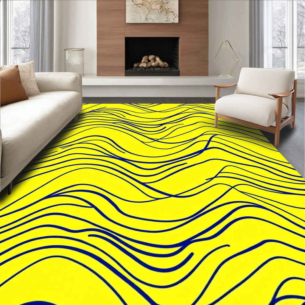 Bright Yellow Navy Wavy Lines Rug