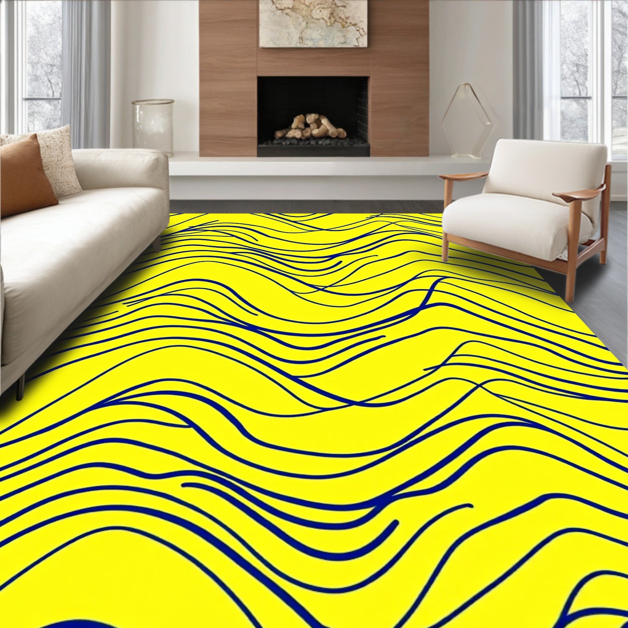 Bright Yellow Navy Wavy Lines Rug