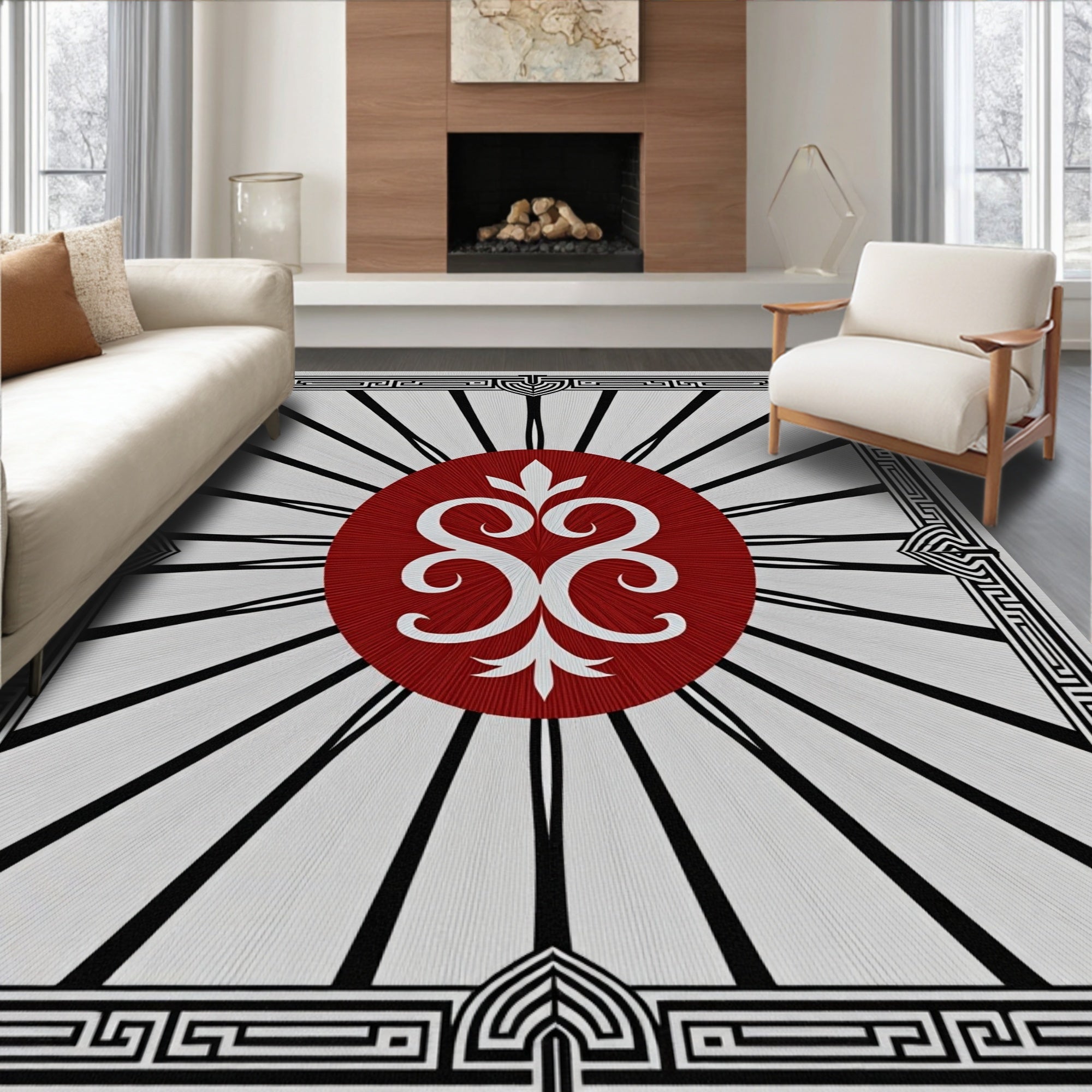Crimson Sunburst Geometric Floral Rug