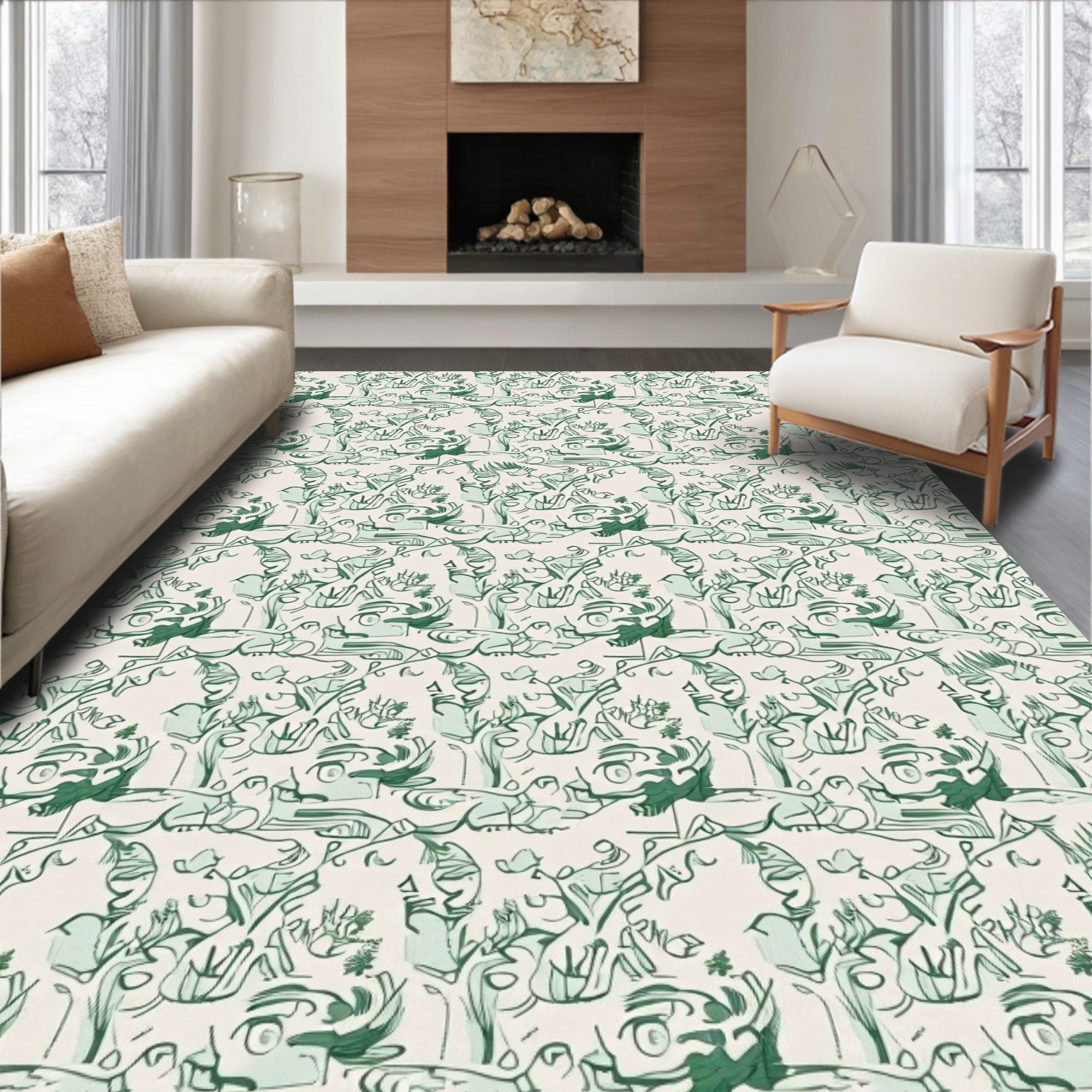 Green Abstract Whimsical Figure Collage Rug