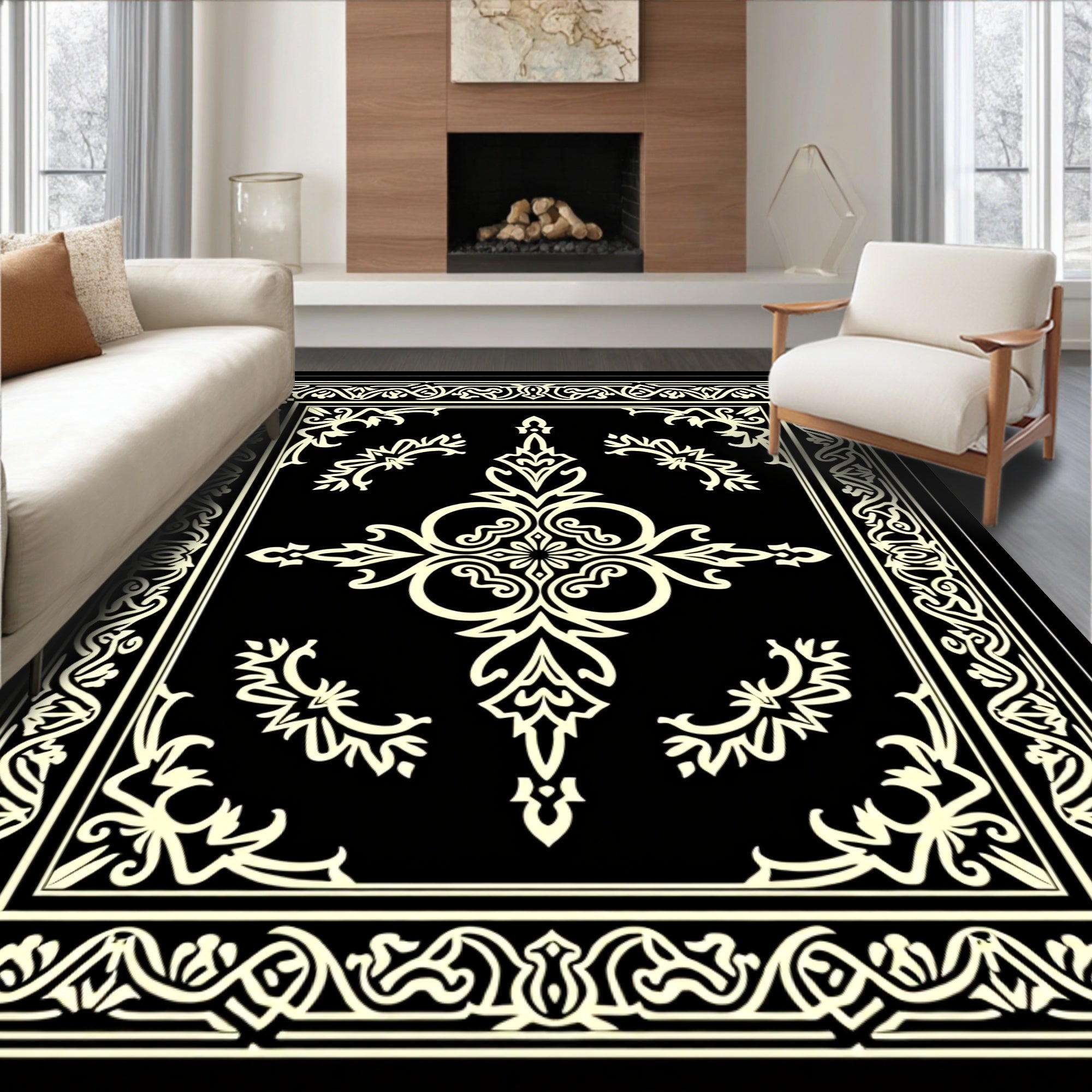 Black Cream Ivory Intricate Scroll Frame Rug