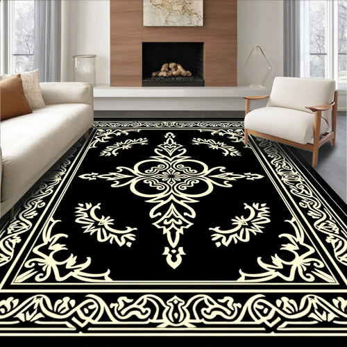 Black Cream Ivory Intricate Scroll Frame Rug