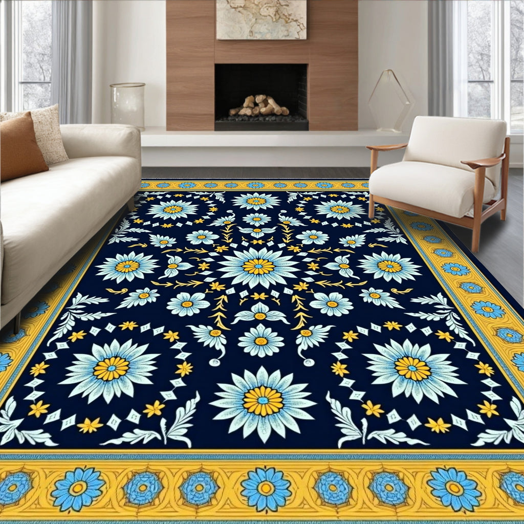 Navy Blue Floral Medallion Yellow Border Rug