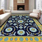 Navy Blue Floral Medallion Yellow Border Rug