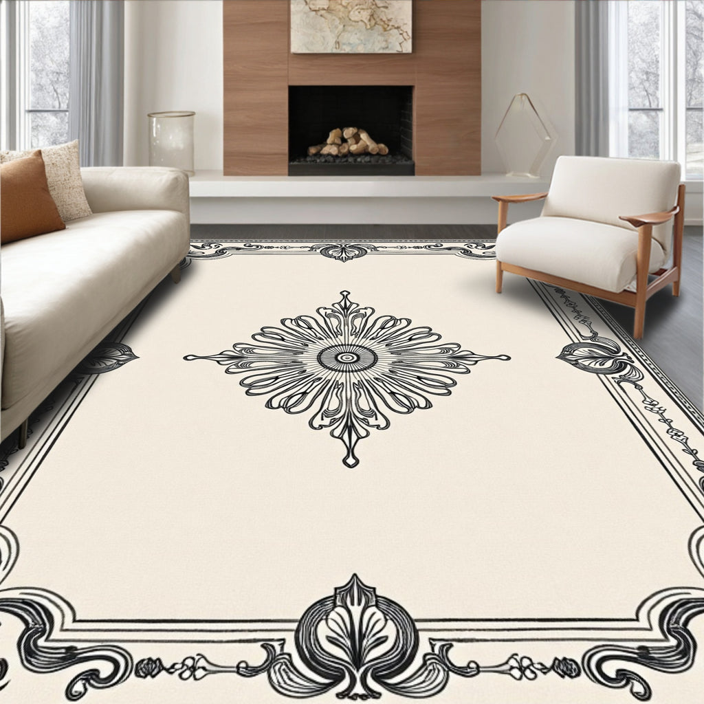 Elaborate Black Cream Floral Frame Rug