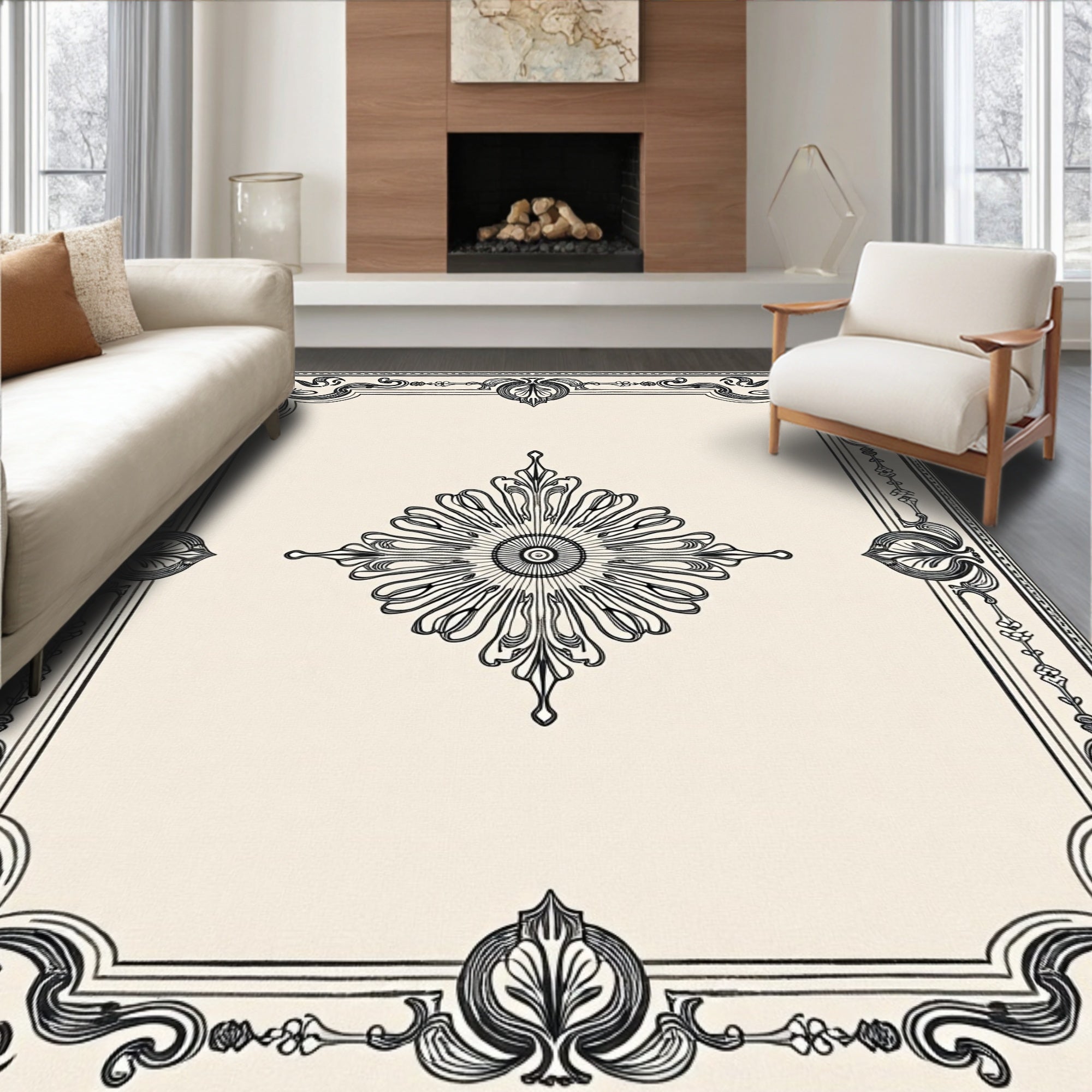 Elaborate Black Cream Floral Frame Rug