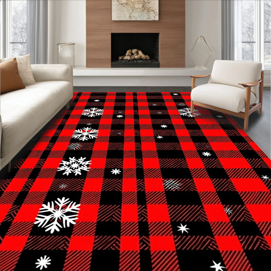 Red Black Buffalo Plaid Snowflakes Rug