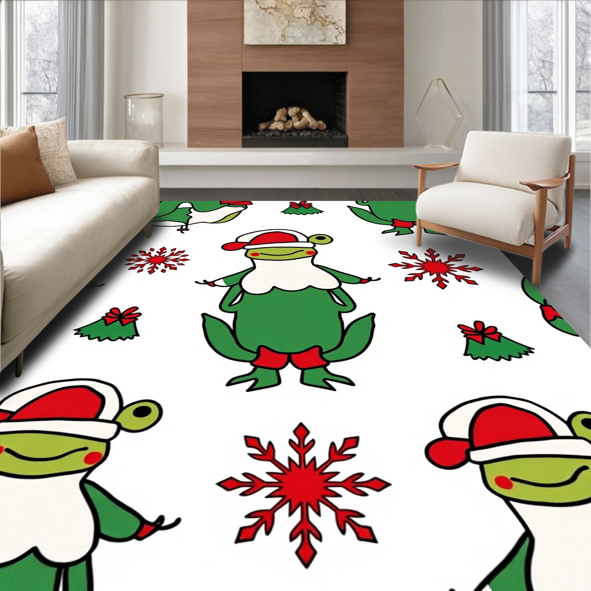 Jolly Green Frogs Christmas Snowflakes Rug