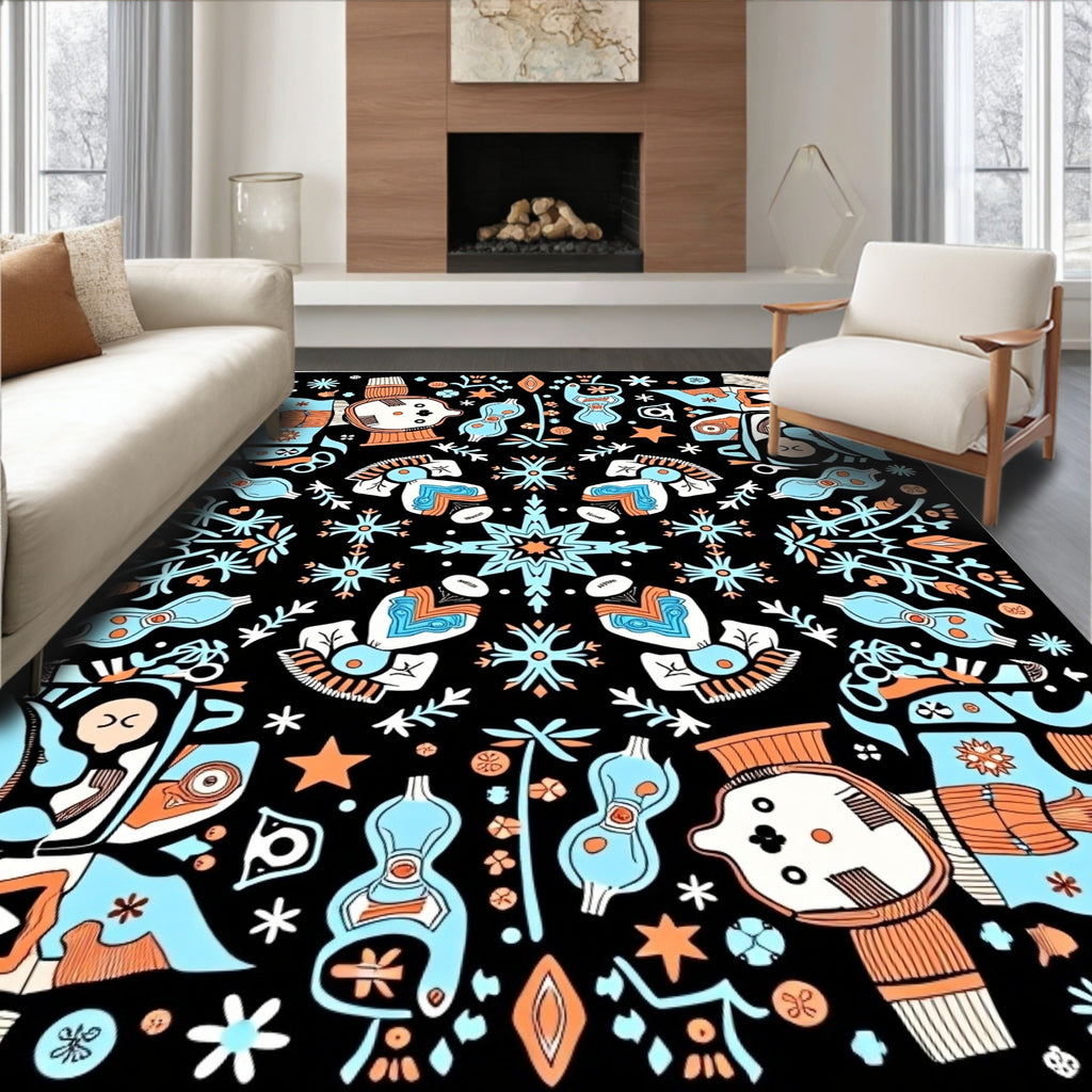 Playful Whimsical Figures Blue Orange Rug