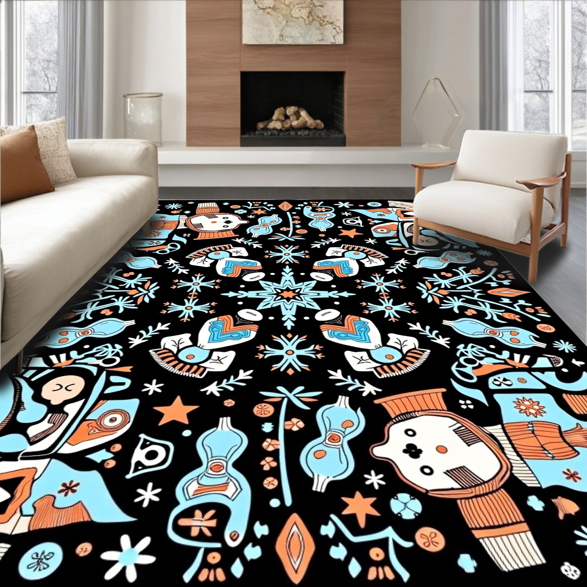 Playful Whimsical Figures Blue Orange Rug