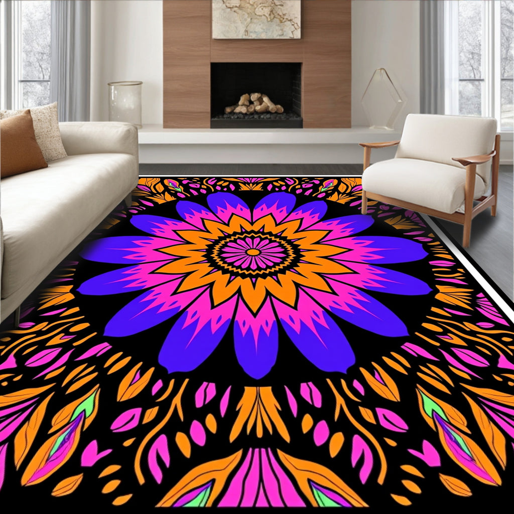 Vibrant Blue Pink Orange Floral Mandala Rug