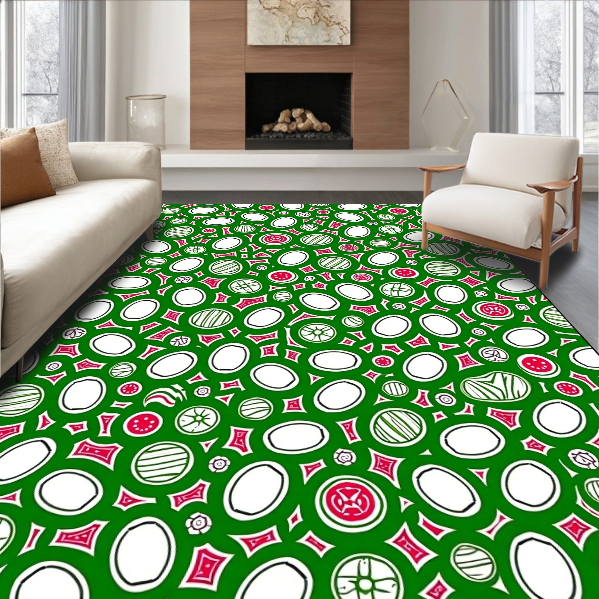 Festive Green Red Circles Garland Rug