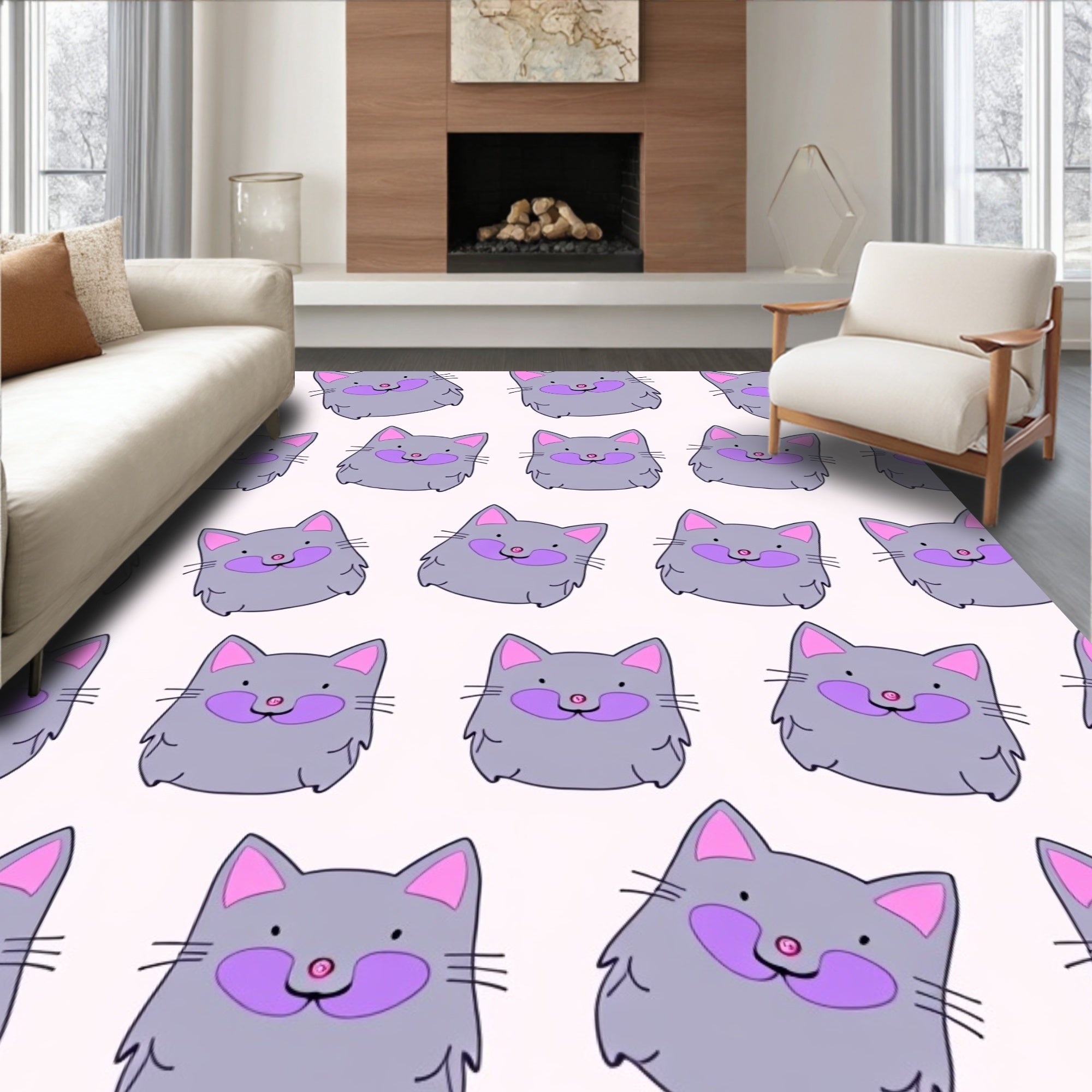 Cute Gray Kitty Face Repeat Rug