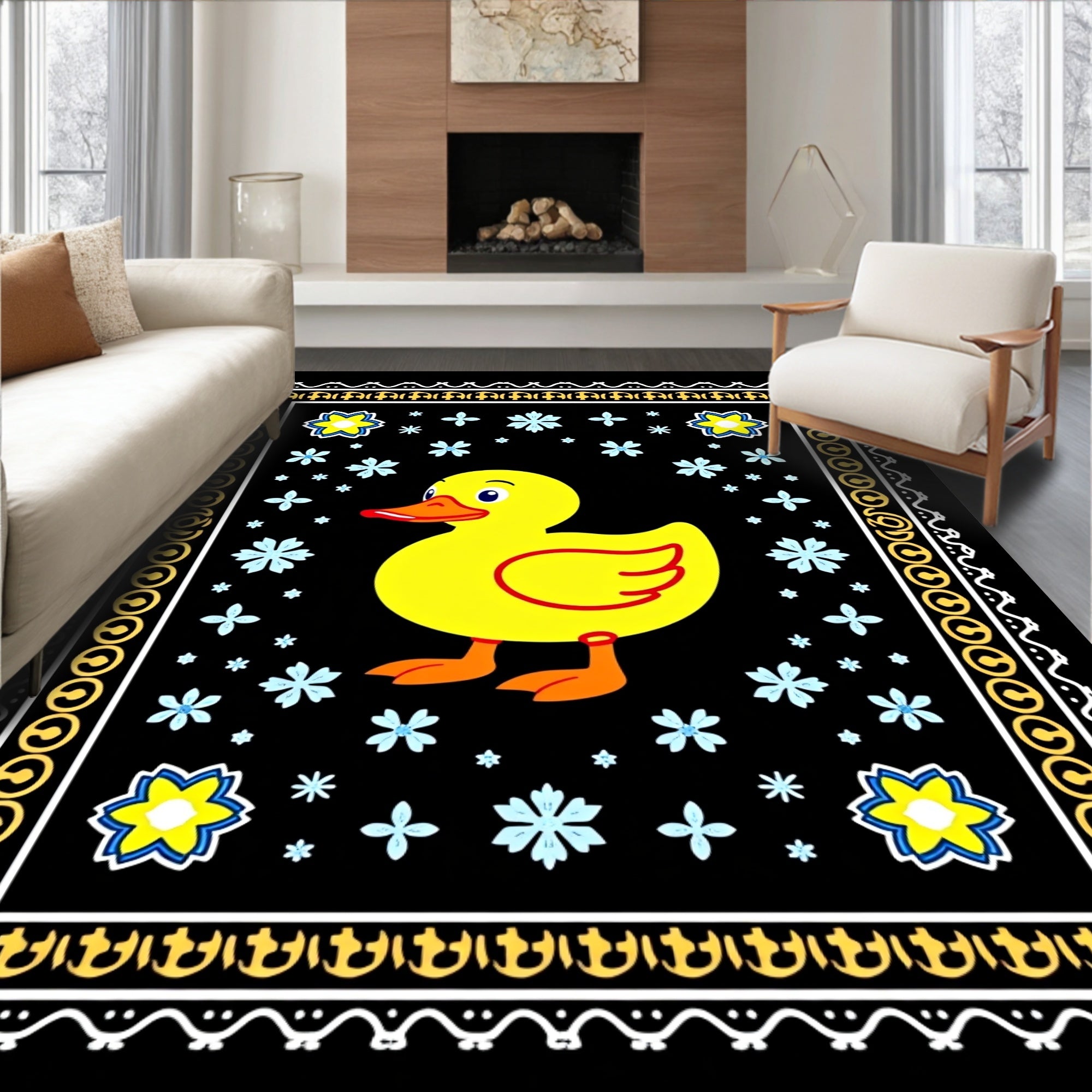 Cute Yellow Duckling Floral Blooms Rug