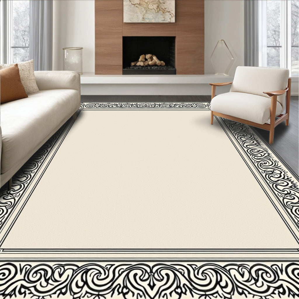 Ornate Black Ivory Scroll Border Rug