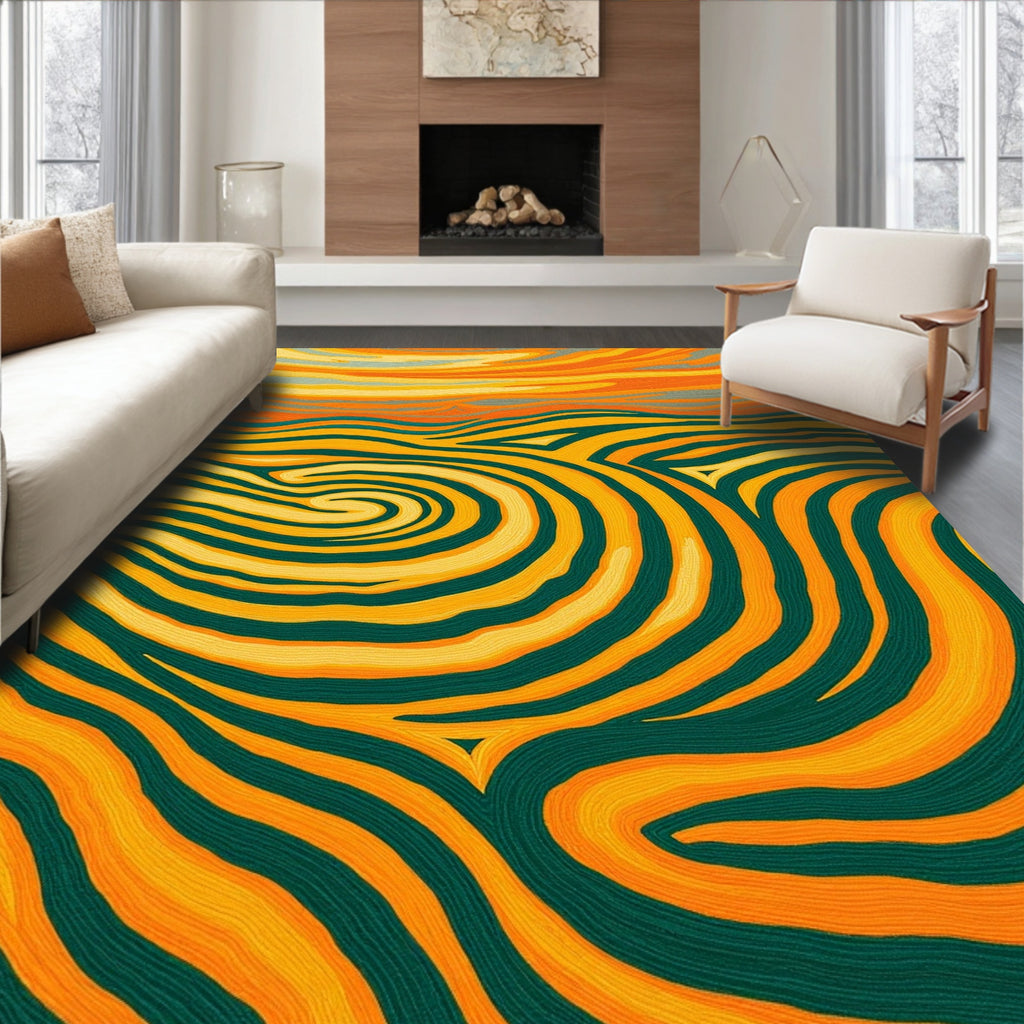 Vibrant Orange Green Swirl Landscape Rug