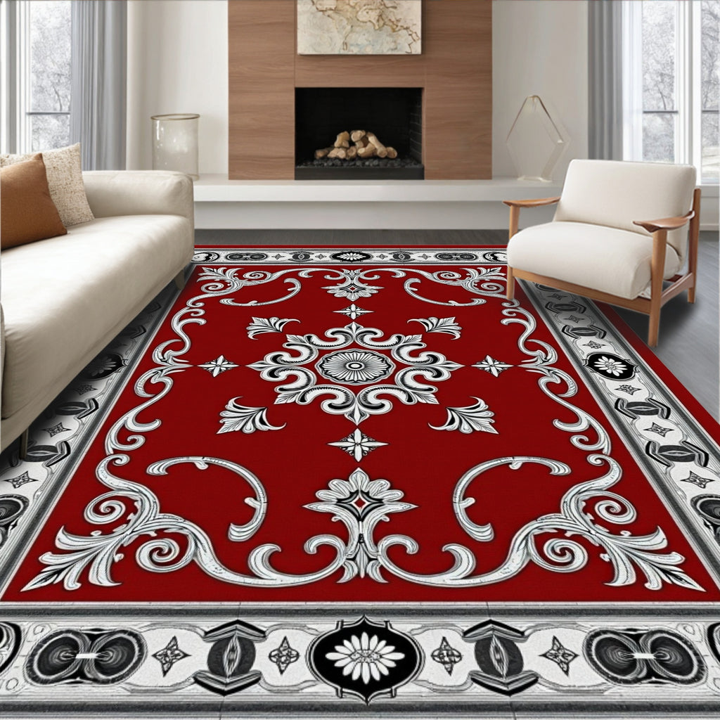 Rich Red Victorian Floral Scroll Rug