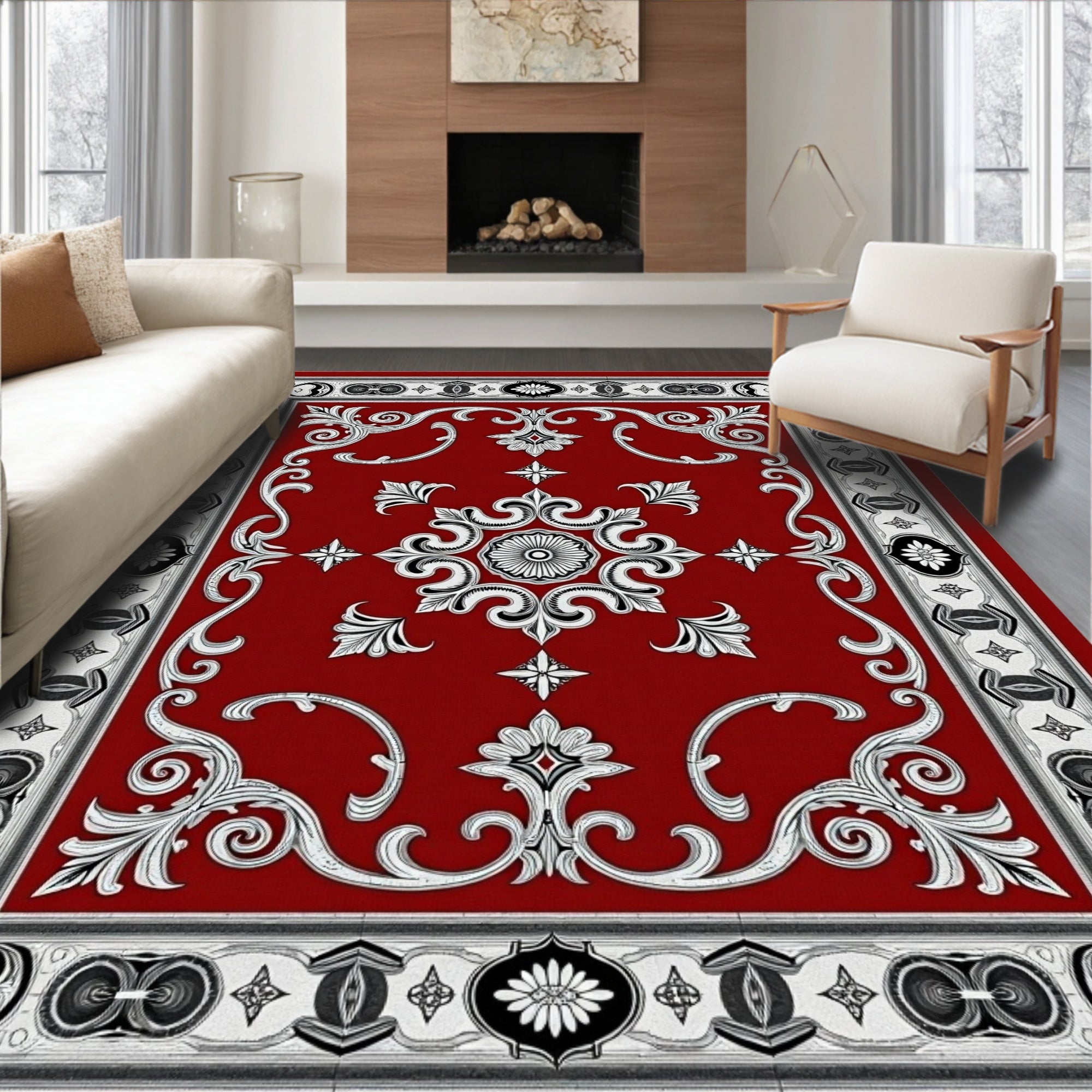 Rich Red Victorian Floral Scroll Rug