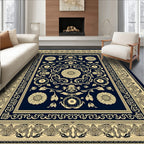 Navy Gold Floral Medallion Border Rug