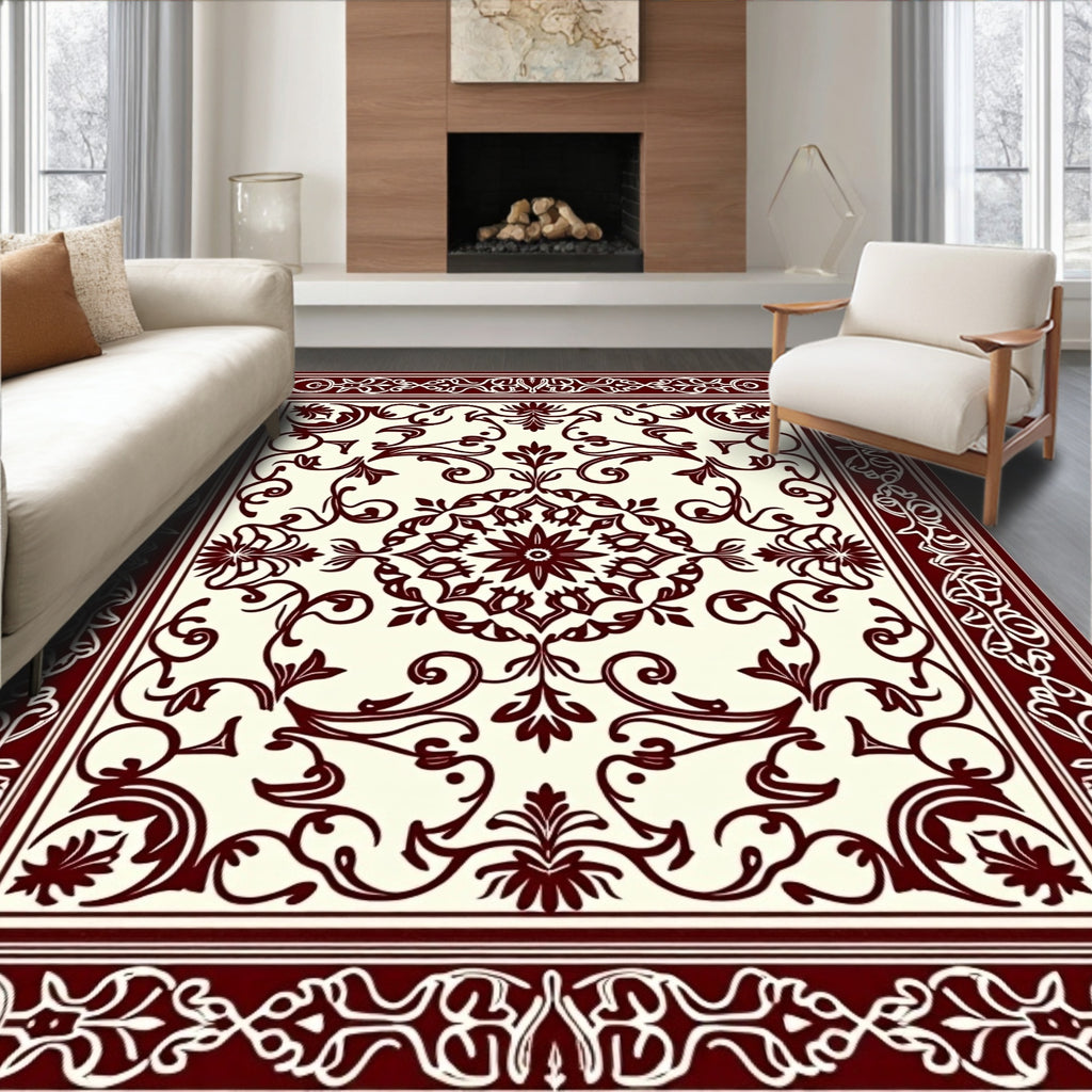 Ornate Crimson Vine Scrollwork Medallion Rug