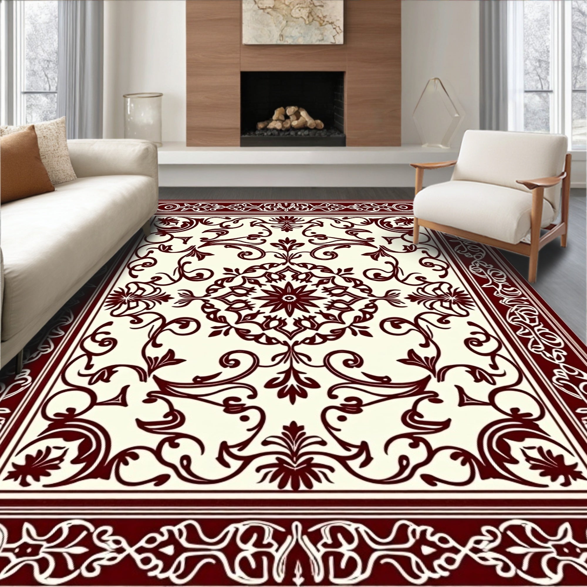 Ornate Crimson Vine Scrollwork Medallion Rug