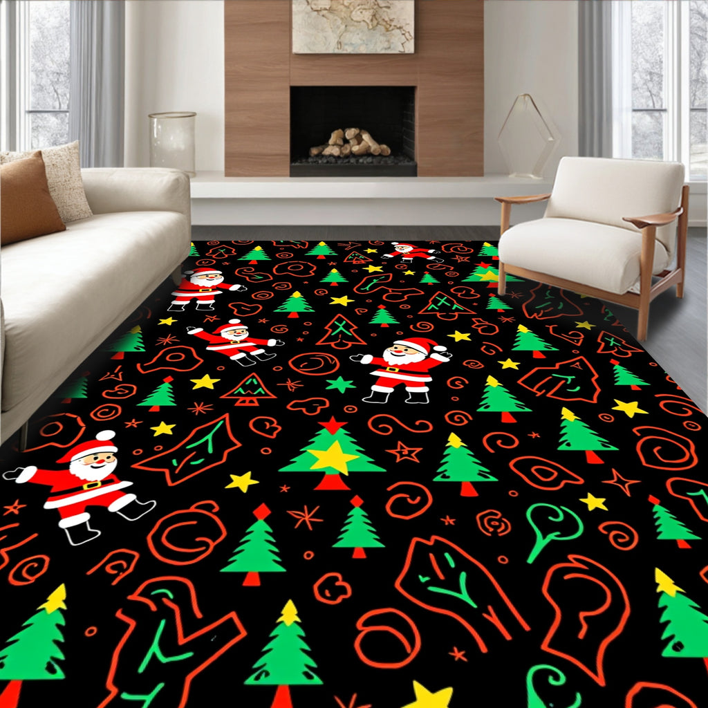 Festive Santa Claus Christmas Trees Star Rug