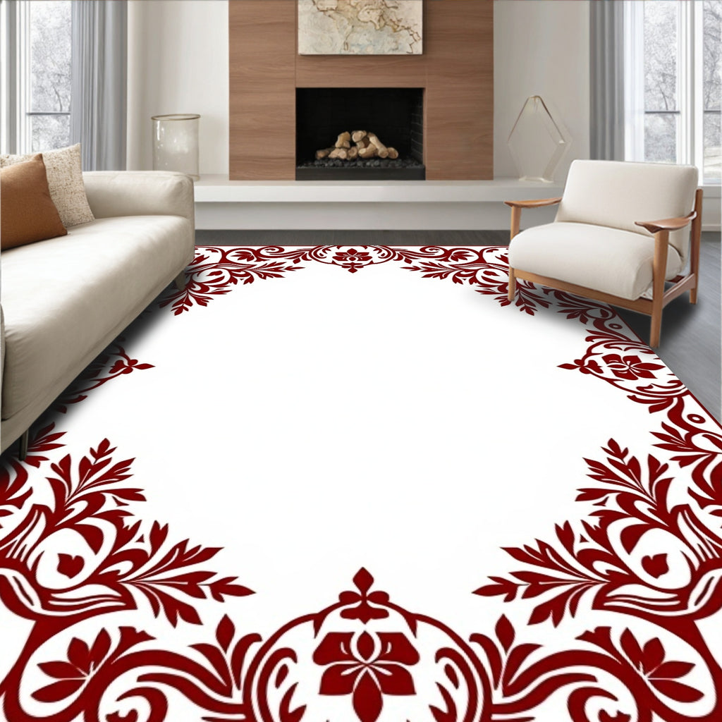 Deep Red Floral Vine Border Rug