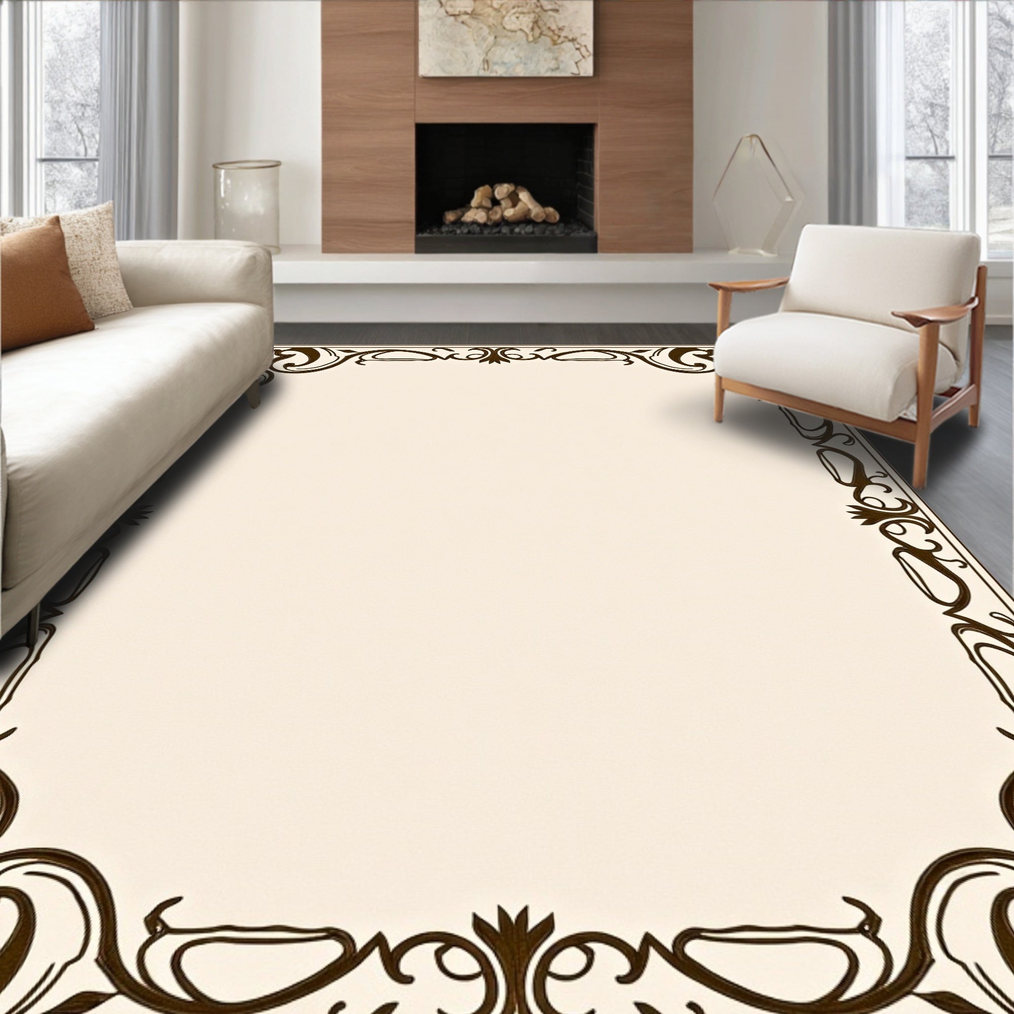 Elegant Ivory Bronze Filigree Border Rug