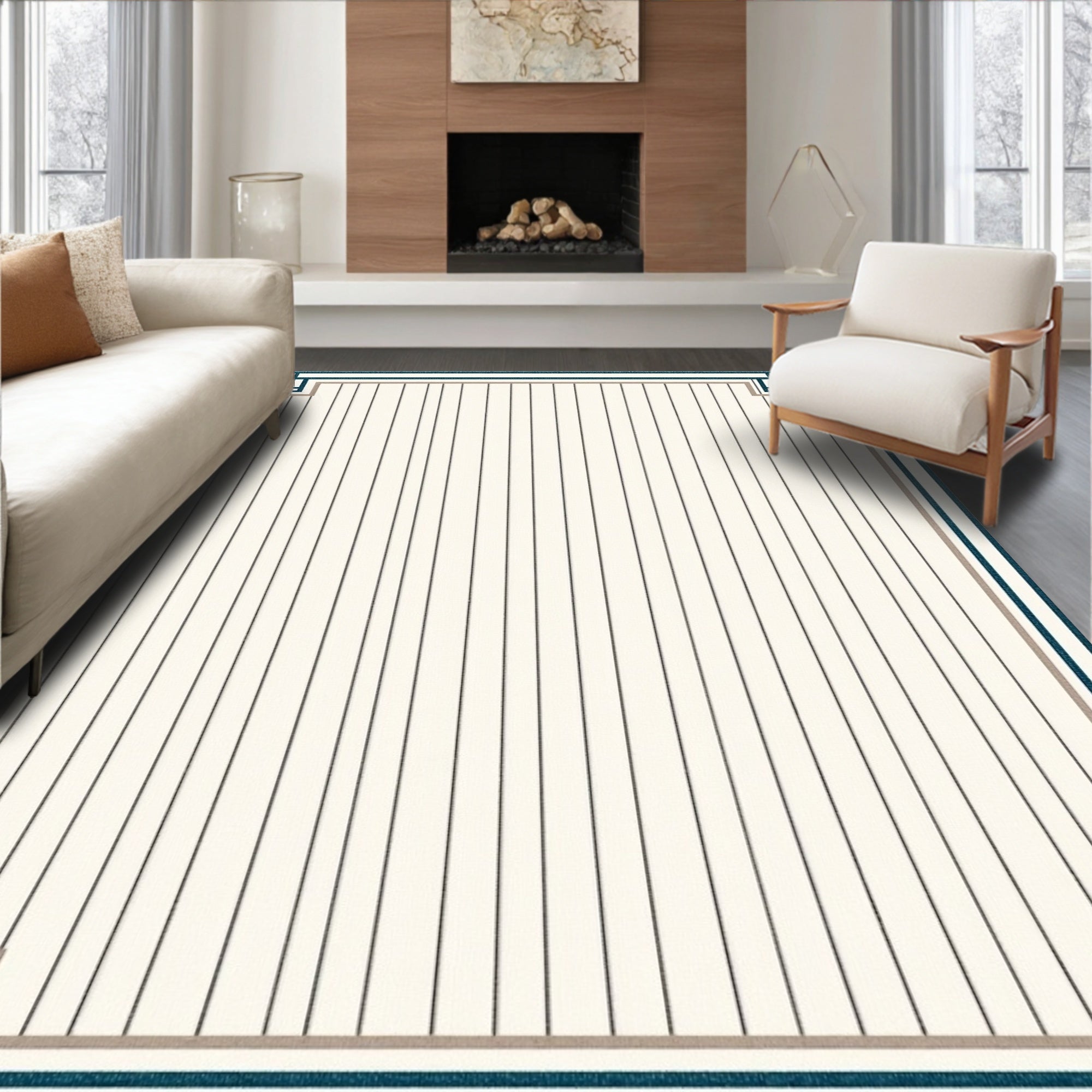 Classic Cream Vertical Stripe Border Rug