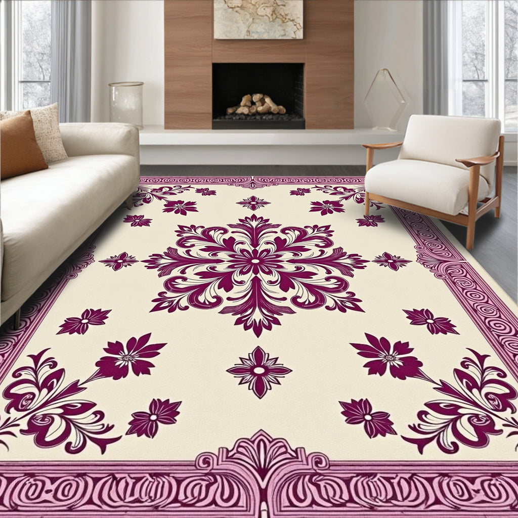 Deep Plum Floral Medallion Border Rug